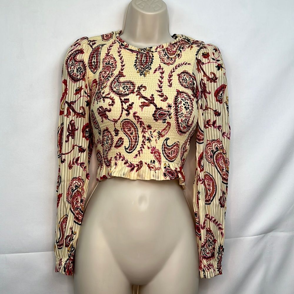 Wilfred Pale yellow and pink paisley smocked blouse size XXS EUC